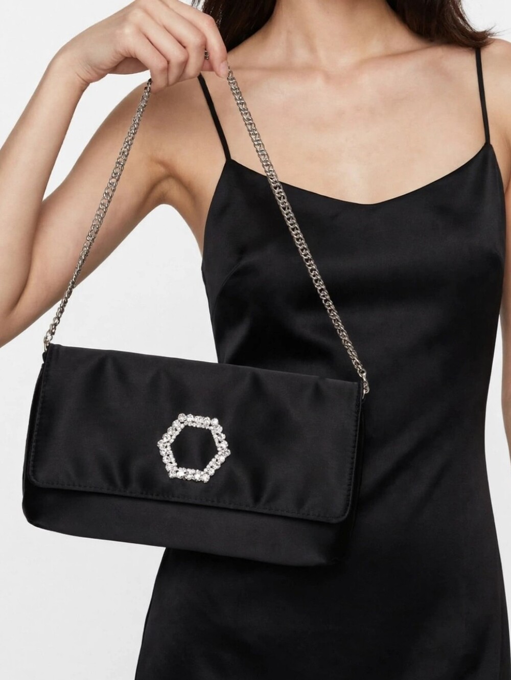 Black Chain Strap Evening Clutch with Crystal Accent